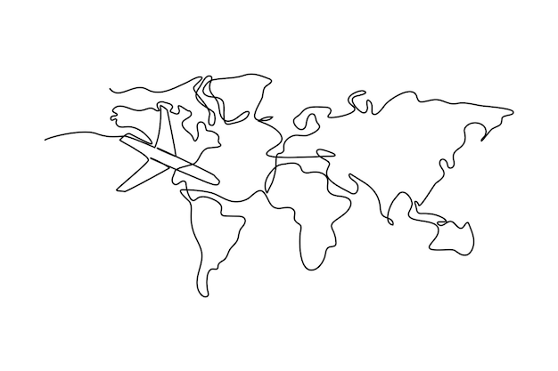 연속 한 선 그리기 세계 여행 지도 및 비행기 세계 여행자 개념 단일 선 그리기 디자인 벡터 그래픽 그림