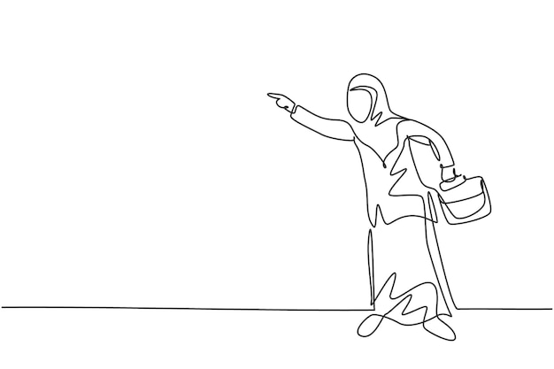 화가 난 젊은 아랍 여성 노동자가 동료 벡터를 손가락으로 가리키는 연속 한 줄 그림
