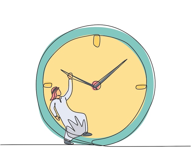 Disegno continuo di una linea di un giovane lavoratore arabo appeso in senso orario al vettore di un orologio analogico gigante