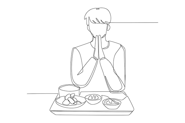 Continuous one line drawing young boy praying before eating Eating activity concept Single line draw design vector graphic illustration