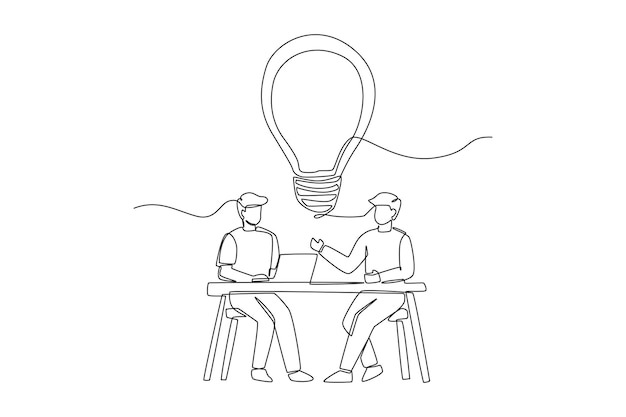 Continuous one line drawing young businessman and his friend discussing and getting ideas with a bulb Training and workshop concept Single line draw design vector graphic illustration