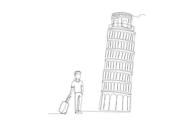 Continuous one line drawing young businessman with suitcase travel to Pisa tower in Italy Landmark concept Single line draw design vector graphic illustration