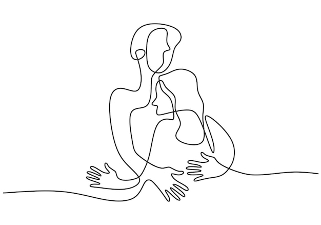 Disegno continuo di una linea di giovani coppie che si abbracciano uomo e donna innamorati e condividere la loro intimità concetto di amore isolato su sfondo bianco illustrazione vettoriale coppia romantica