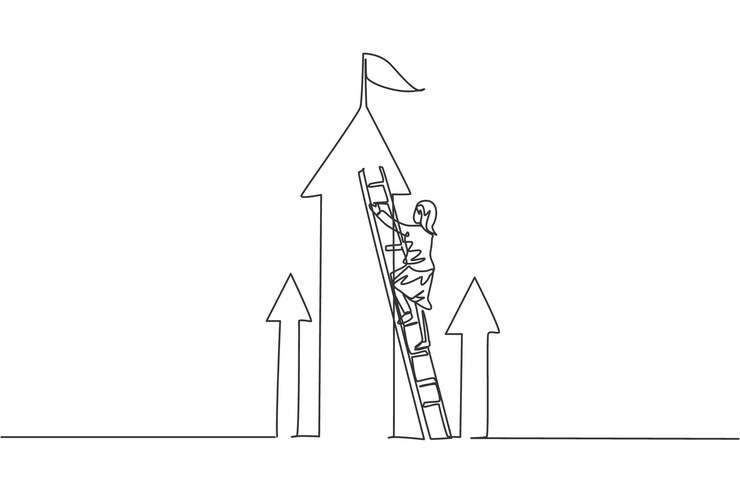 Vector continuous one line drawing young female entrepreneur climb the ladder up to reach top arrow vector