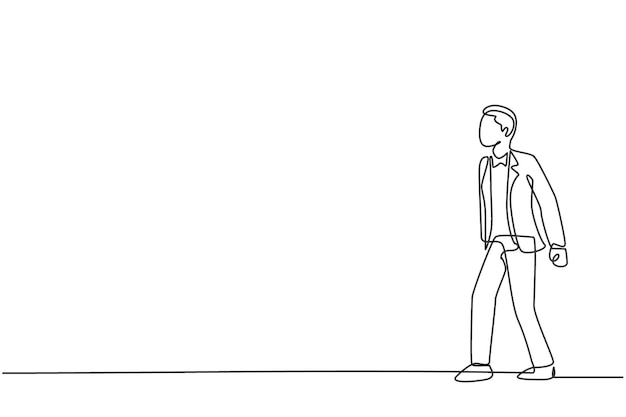 Continuous one line drawing of young handsome male worker thinking while leisurely strolling vector