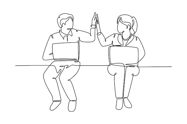 Continuous one line drawing of young happy couple business man and business woman opening their laptop and giving high five gestures Business teamwork Single line design vector graphic illustration