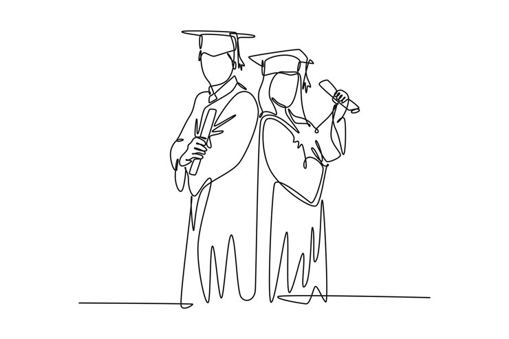 Vector continuous one line drawing young happy couple graduate college student hold paper celebrate their graduation from university education concept single line draw design vector graphic illustration