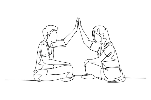 Continuous one line drawing of young happy couple male and female student sitting on the floor and giving high five gesture Relationship concept Single line draw design vector graphic illustration