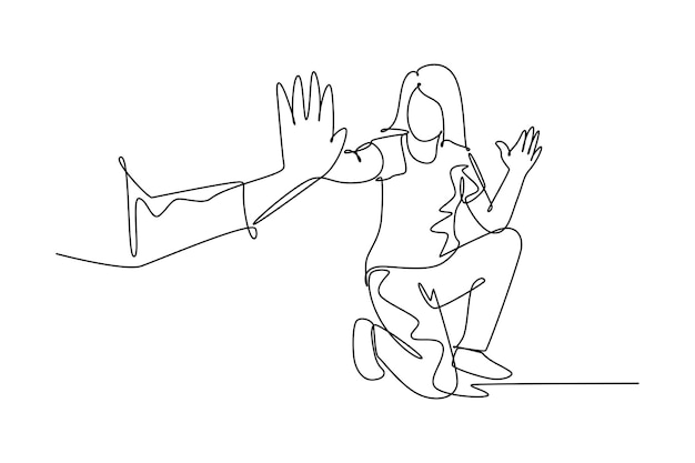 젊은 행복한 여자가 휴식을 취하고 운동을 하고 아웃필드 파크에서 친구에게 하이 파이브를 주는 연속적인 한 줄 그림 단일 선 디자인  ⁇ 터 그래픽 일러스트레이션