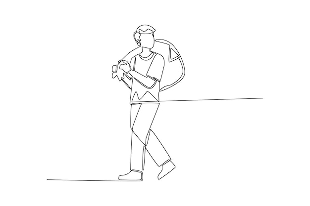彼の肩にゴミ袋を運ぶ若い男を描く連続一線画エコロジーとリサイクルの概念単線画デザインベクトルグラフィックイラスト