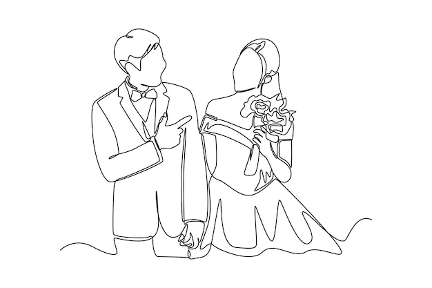 Continuous one line drawing Young married couple looking at each other while holding hands Wedding Concept Single line draw design vector graphic illustration