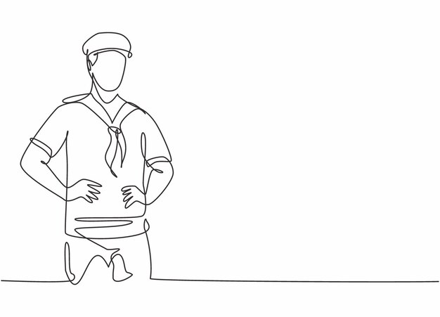 Continuous one line drawing of young sailor man wearing sailing uniform with hat before have a sail