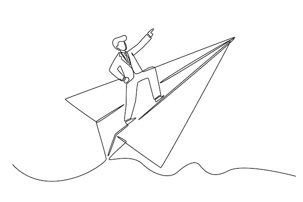 Непрерывный рисунок одной линии молодого умного бизнесмена, летящего и стоящего на бумажном самолете, когда бизнес растет