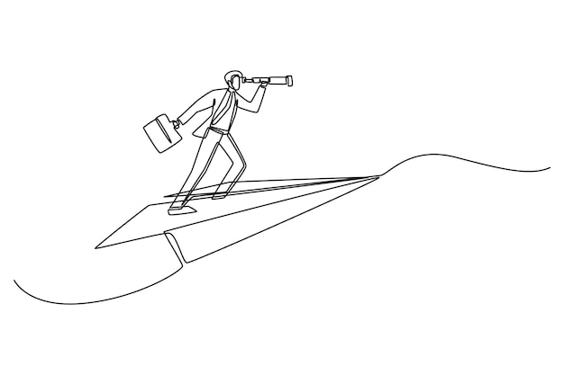 Continuous one line drawing a young smart businessman flying and analyzing business situation Single line draw design vector graphic illustration