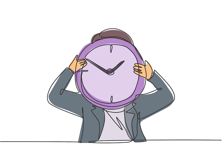 Vector continuous one line drawing young woman worker holding analog clock head at the office vector