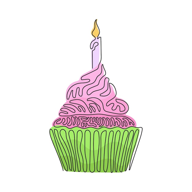 Vettore disegno continuo di una linea di un delizioso cupcake con candela dolce torta gustosa spuntino alla festa di compleanno