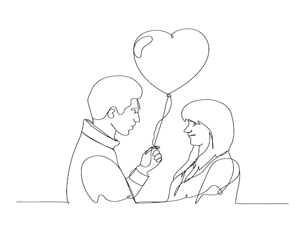 Continuous one line happy couple in love with heart balloon