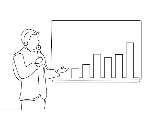 Continuous one line of man doing business presentation One line of businessman presenting economic graphic