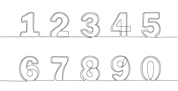 Vector continuous one line numbers hand drawn counting symbols outline scribble number or sketch digit vector set