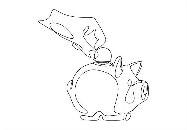 Continuous one line piggy bank and hand with coin outline icon vector