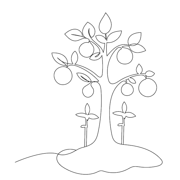 Continuous one line plant growth tree outline vector art drawing