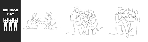 連続1行の再会の日のコンセプト 幸せな男女が出会ったときに抱きしめ、幸せな男の子の仲間の拳がぶつかる 単線はデザインベクトルグラフを描きます