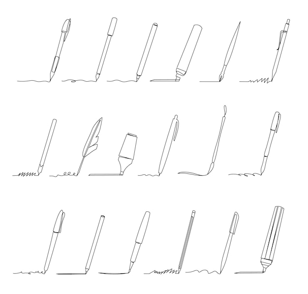 Vector continuous one line writing accessories sketch pencil brush and pen draw line strokes writer supplies vector set