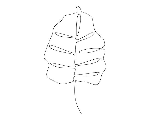 Continuous one simple line drawing of monstera leaf illustration in silhouette on a white