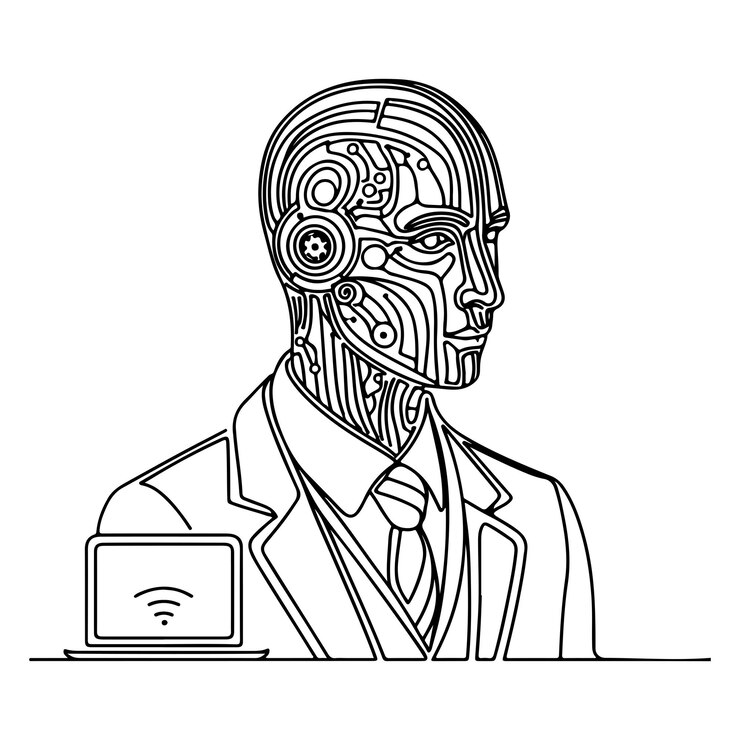 Vector continuous one single black line art doodle drawing of artificial intelligence concept
