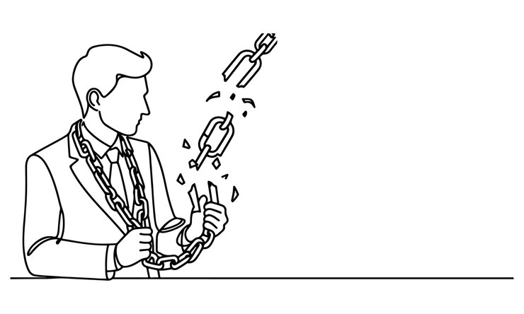 Vector continuous one single line art doodle drawing of businessman with broken chains illustration on white background