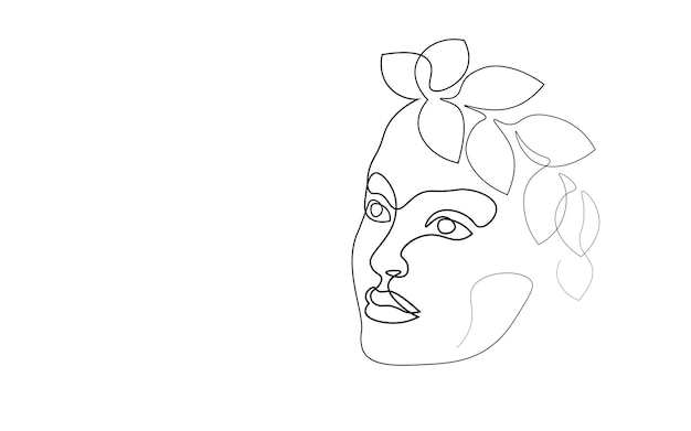 Continuous one single line art girl face concept. Beautiful woman portrait fashion hair hand drawn sketch. Beauty happy smiling young lady side head black white monochrome vector illustration.