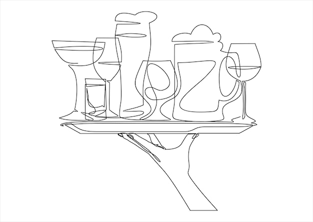Непрерывный однолинейный рисунок бутылки вина, бокала и металлической крышки. Дизайн меню еды.