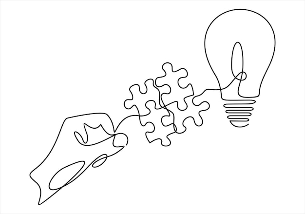 Continuous one single line drawing of hand holding puzzle of light bulb inside