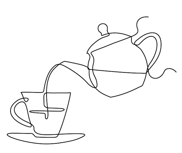 お茶とカップを注ぐティーポットの連続した1行の絵 飲み物の線形のシルエット