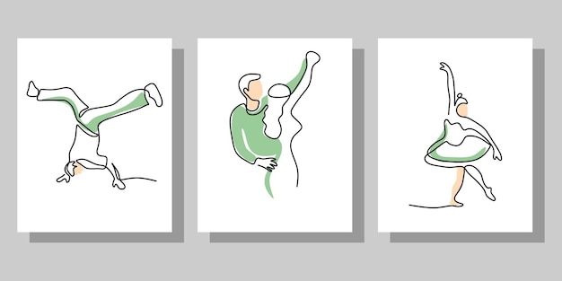 Вектор Непрерывная одна линия из трех человек, танцующих плакат для обоев, изолированных на сером фоне