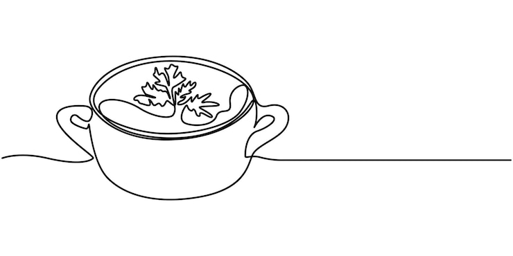 Vector continuous one single line of a soup with spoon food concept in silhouette on a white background