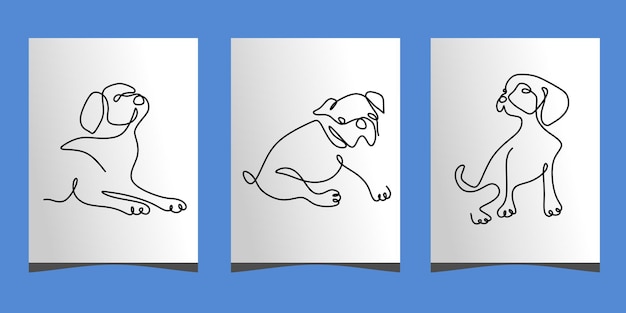 Vector continuous one single line of three cute dog poster isolated on blue background