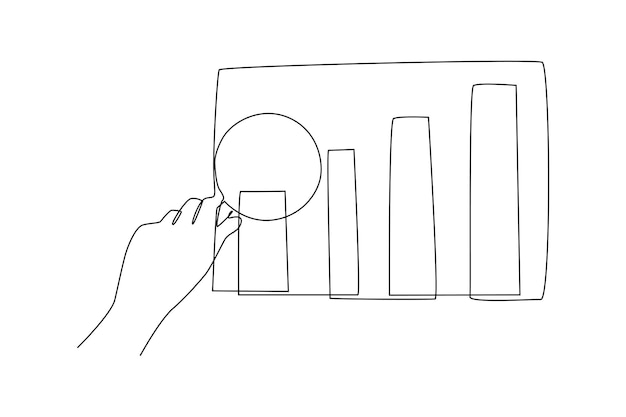 Vector continuous oneline drawing business chart viewed with magnifying glasses business charts concept