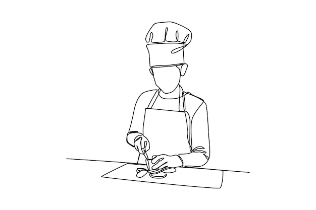 Continuous oneline drawing a chef cutting vegetables in the kitchen kitchen activity concept