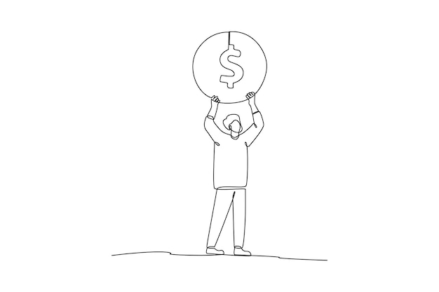 連続単線描画男はお金を保持します金融リテラシーの概念単線描画