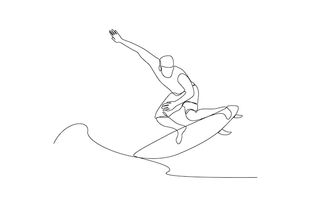 Continuous oneline drawing man jumping surfing on the waves class it up concept