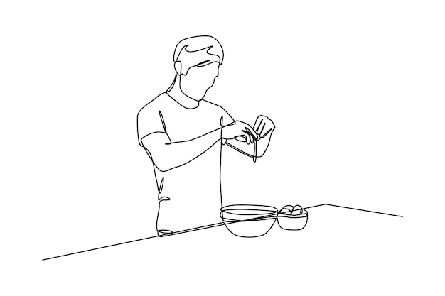 Непрерывный однолинейный рисунок мужчина кладет яйца в миску Концепция кухонной деятельности