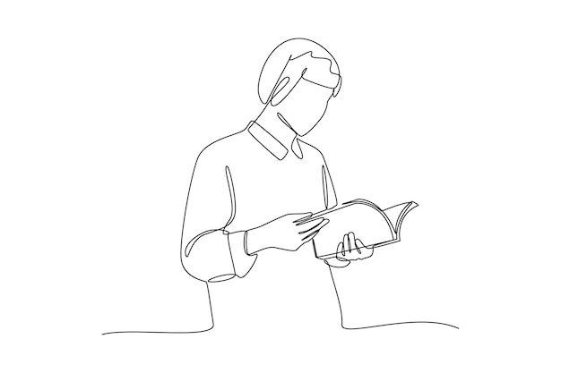 Continuous oneline drawing woman reading a book seriously Book concept Single line drawing design