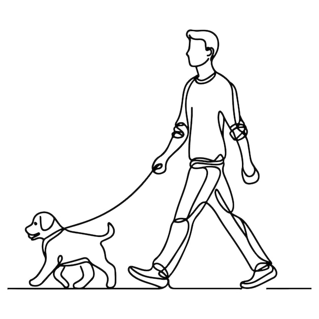 continuous single black linear line sketch drawing person walking with puppy dog doodle vector