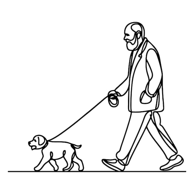 continuous single black linear line sketch drawing person walking with puppy dog doodle vector
