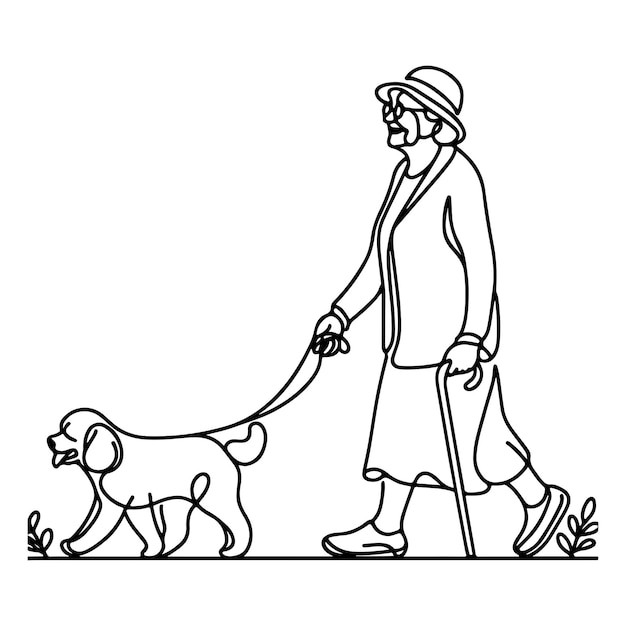 continuous single black linear line sketch drawing person walking with puppy dog doodle vector