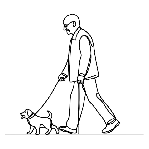 continuous single black linear line sketch drawing person walking with puppy dog doodle vector