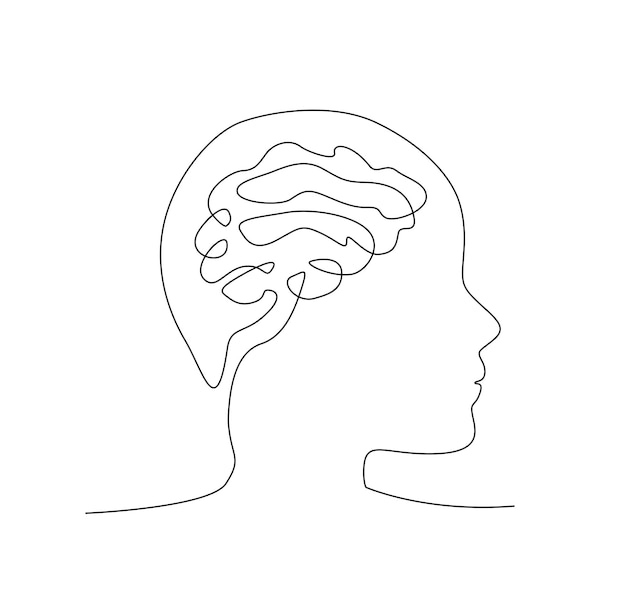 Continuous single drawn one line brain handdrawn Continuous one line drawing of brain with active stroke