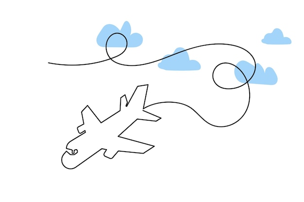 雲の上の連続的な単行線飛行機の経路と1行の世界旅行フライト航空会社の概要