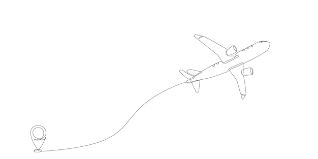 Continuous single line of airplane path with flight route and starting point location one line airplane route with start point and trace drawing for business travel or journey editable stroke